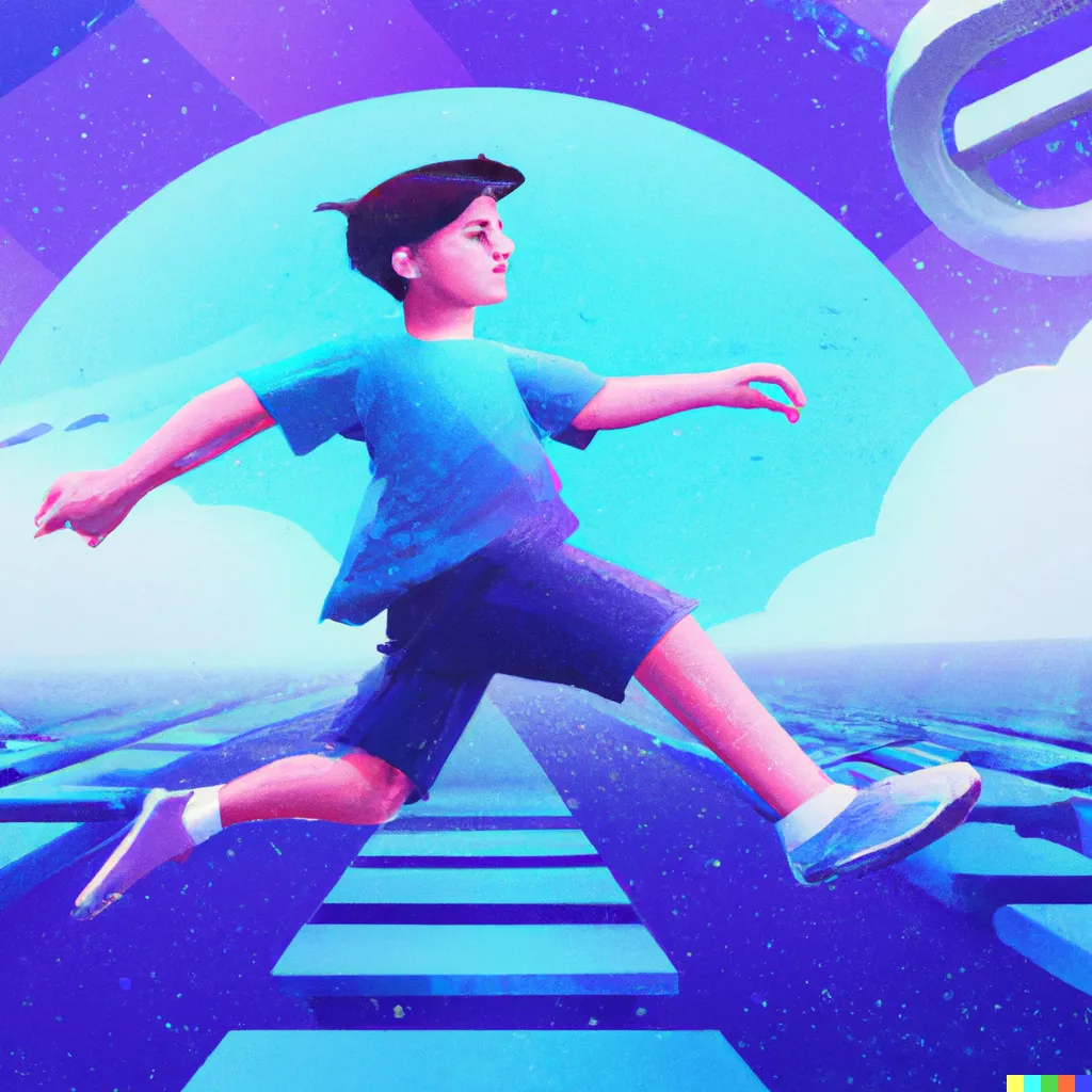 A young boy running on top of the blockchain with an oval in the background, synthwave style