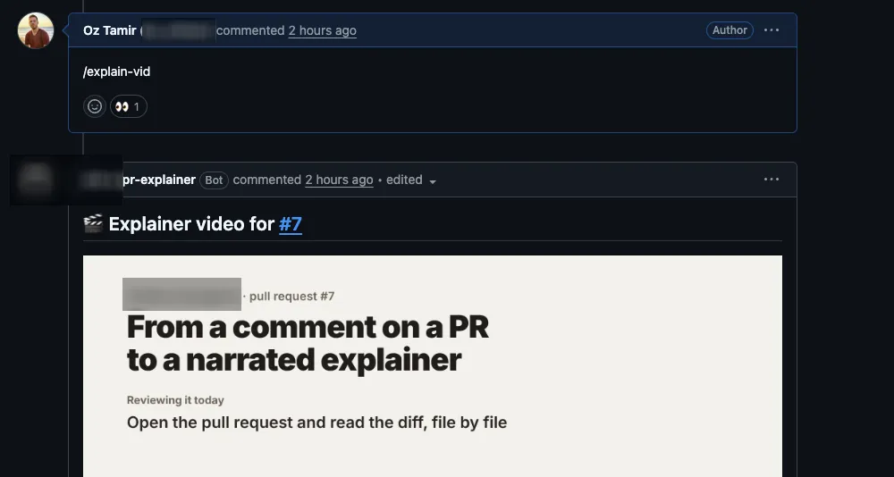 An /explain-vid comment on a pull request, and the bot's reply with the explainer video poster