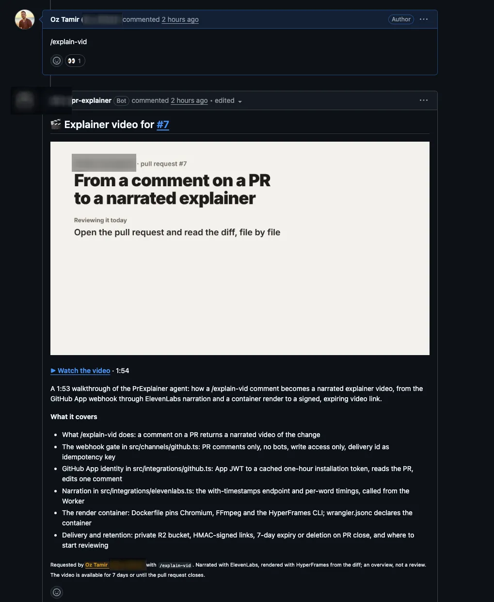 A GitHub thread: an /explain-vid comment with an eyes reaction, and below it the bot's comment with a video poster, a play link and bullets of what the video covers