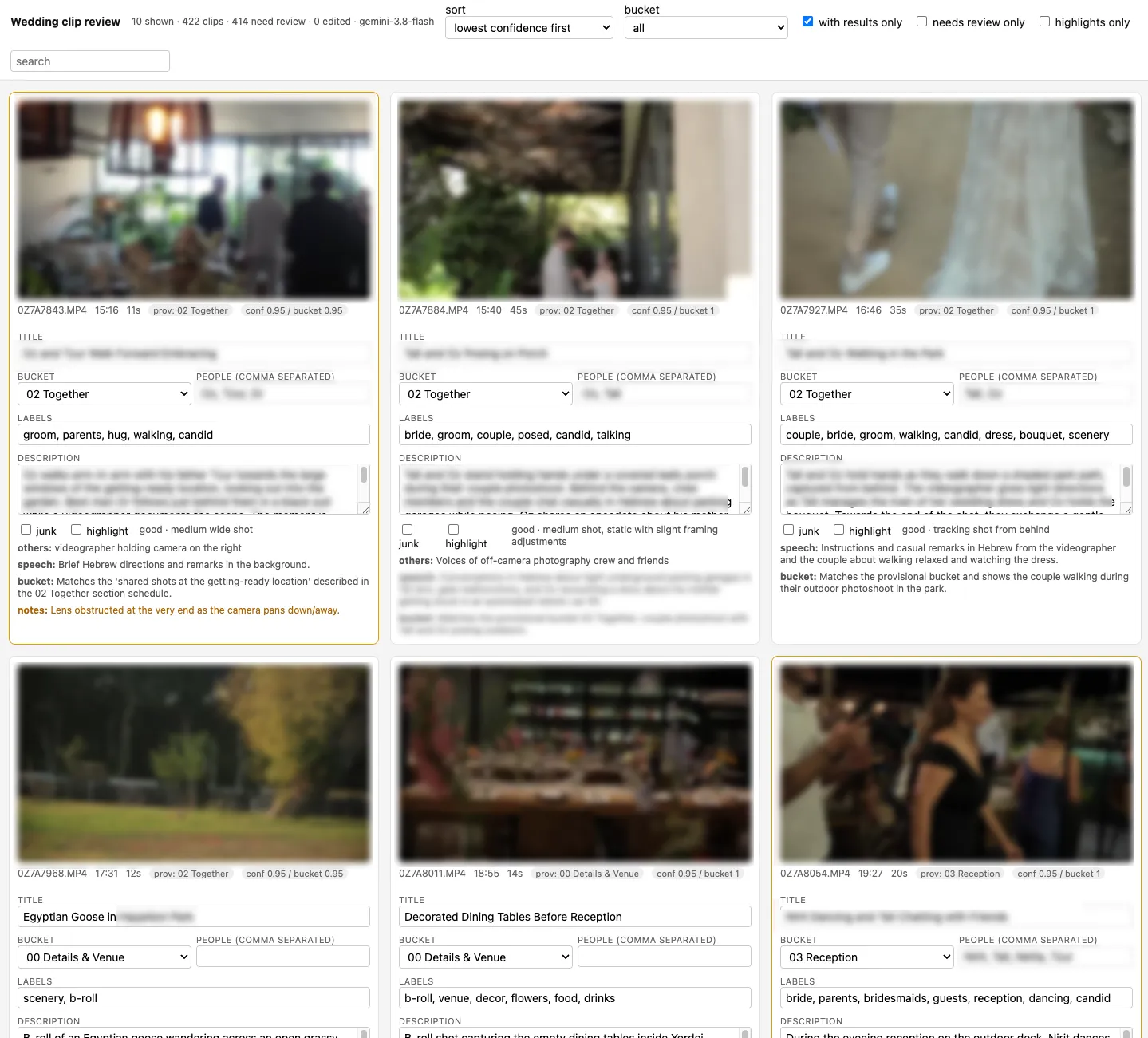 The review page, a grid of clips with a title, bucket, people, labels and description under each