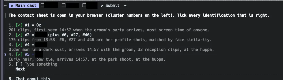 Claude's question listing its guesses for the first four clusters, each with the reasoning