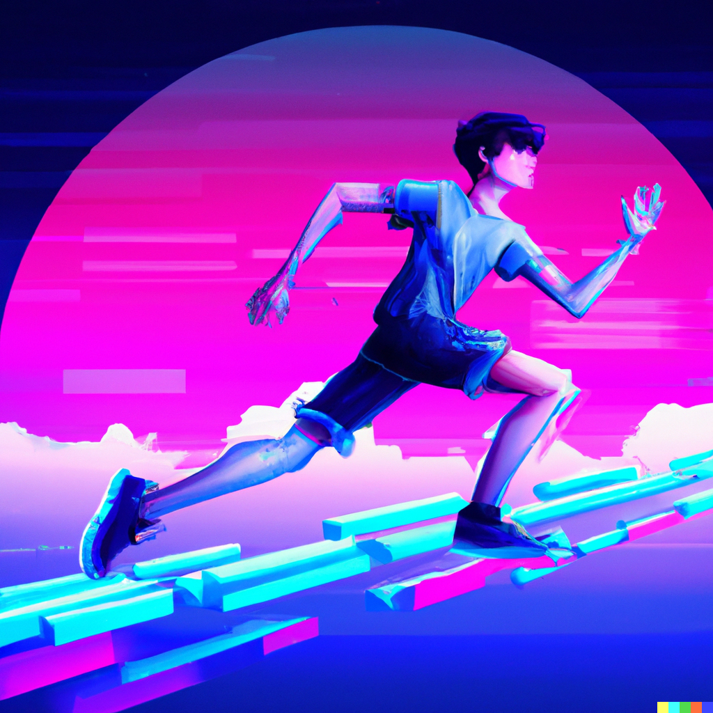 “A young boy running on top of the blockchain, synthwave style”