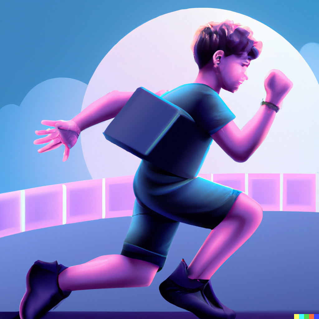 A young boy running on top of the blockchain with an oval in the background, synthwave style
