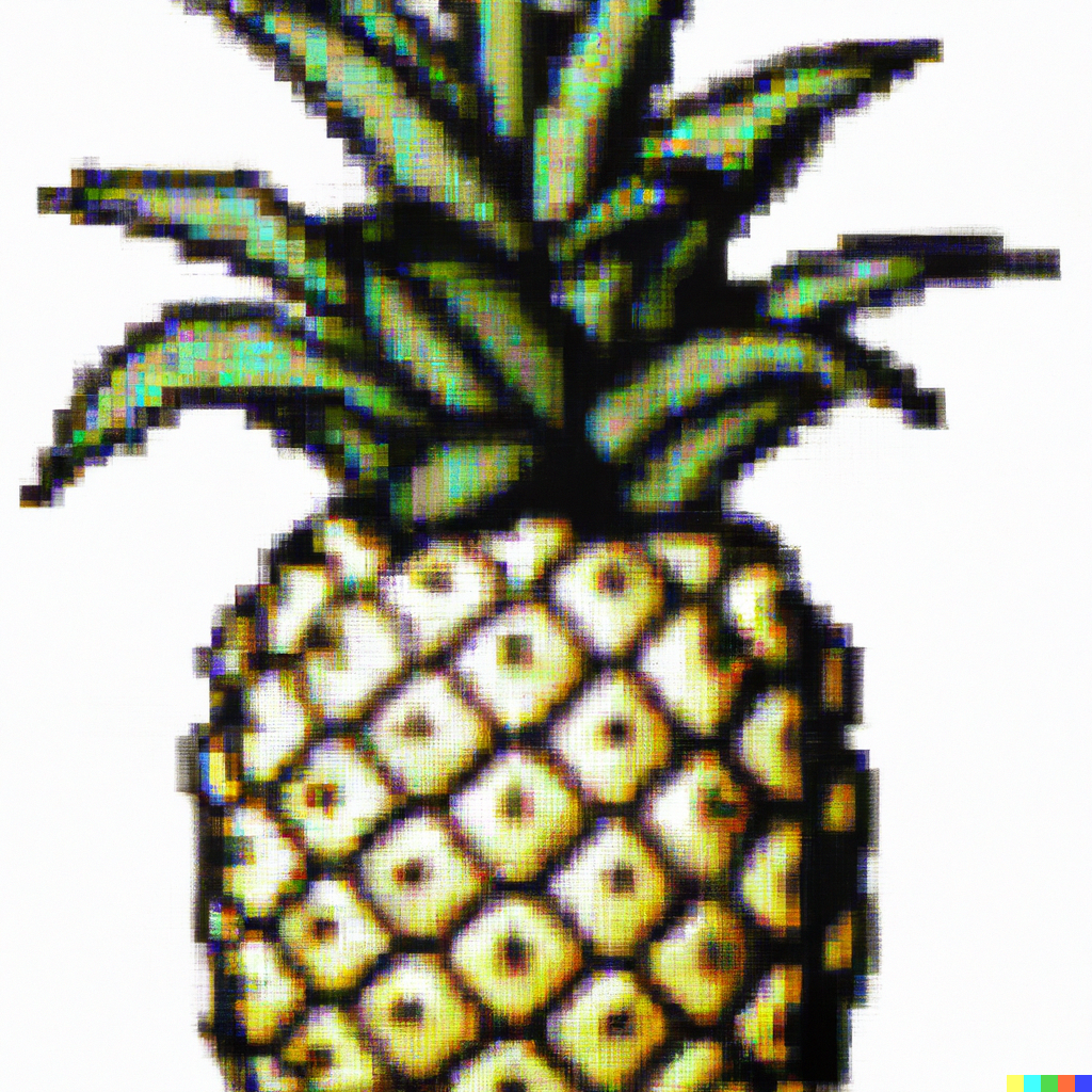 “a pixelated pineapple, centered, color penciled, solid well defined black border, solid white background”