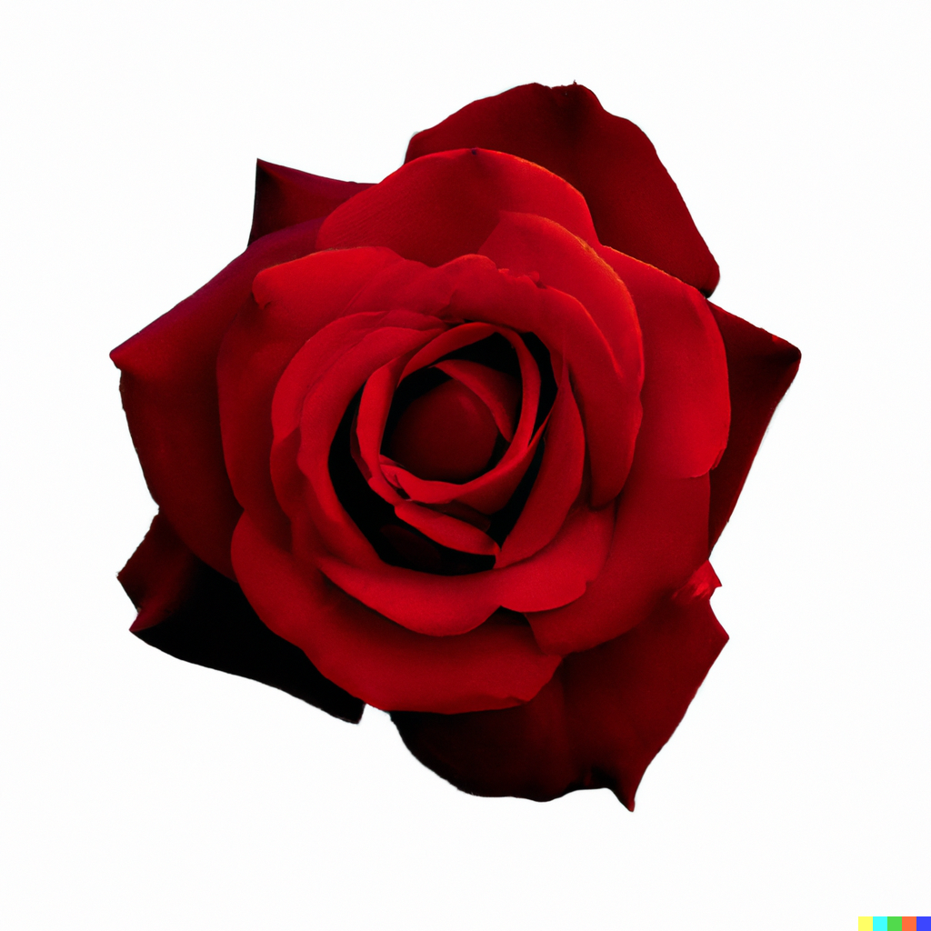 “A red rose, centered, solid well defined black border, solid white background”