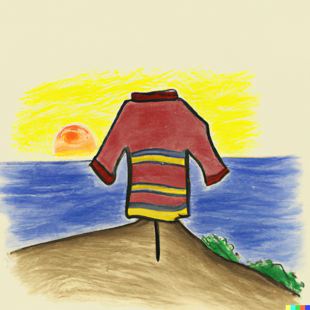 cartoon of a shirt, seen from the back sitting on a hill watching the sun set over the ocean, abstract pencil and water colors